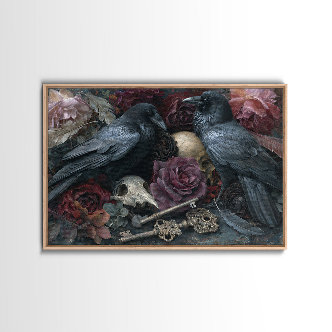 Crow Feathers and Antique Key Still Life Framed Canvas Print, Gothic Art, Gallery Decor, Living Room Decor, Abstract Art, GOT-3x2-64