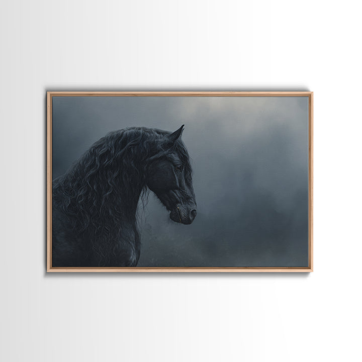 Black Horse with Flowing Mane in Fog Framed Canvas Print, Gothic Art, Gothic Wallpaper, Living Room Decor, Fine Art, Gothic, GOT-3x2-69