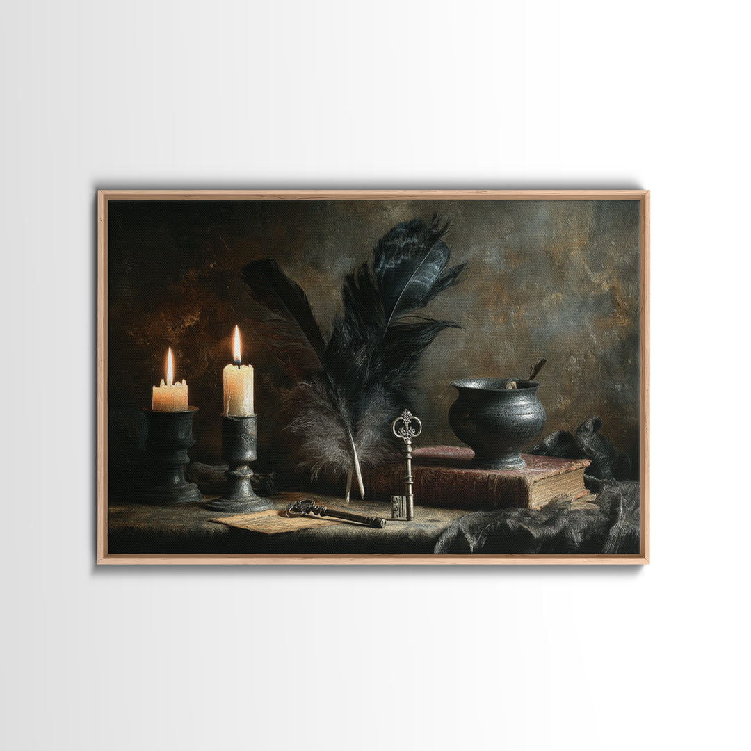 Crow Feathers and Antique Key Still Life Canvas Print, Gothic Art, Boho Decor, Living Room Decor, Fine Art, Gothic, Art Print, GOT-3x2-88