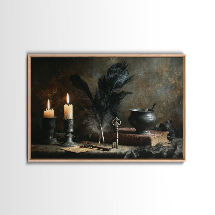 Crow Feathers and Antique Key Still Life Canvas Print, Gothic Art, Boho Decor, Living Room Decor, Fine Art, Gothic, Art Print, GOT-3x2-88