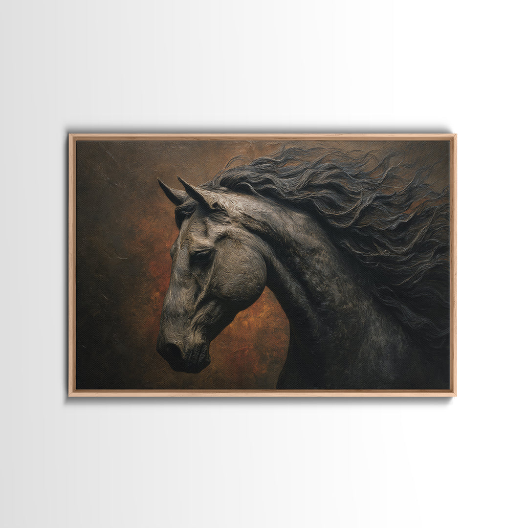 Black Horse with Flowing Mane in Fog Canvas Print, Gothic Art, Black and White Art, Living Room Decor, Fine Art, Gothic, GOT-3x2-93