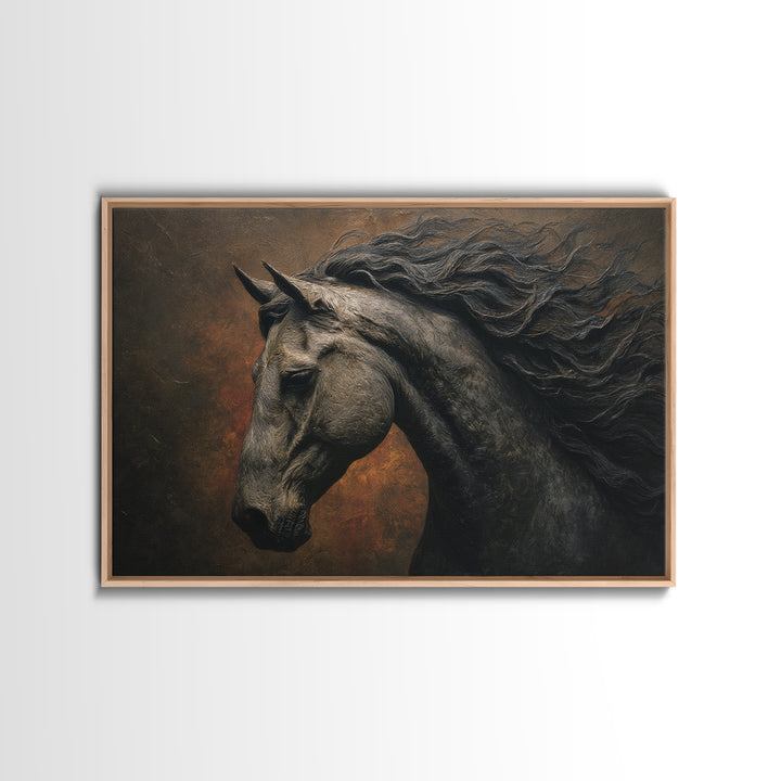 Black Horse with Flowing Mane in Fog Canvas Print, Gothic Art, Black and White Art, Living Room Decor, Fine Art, Gothic, GOT-3x2-93
