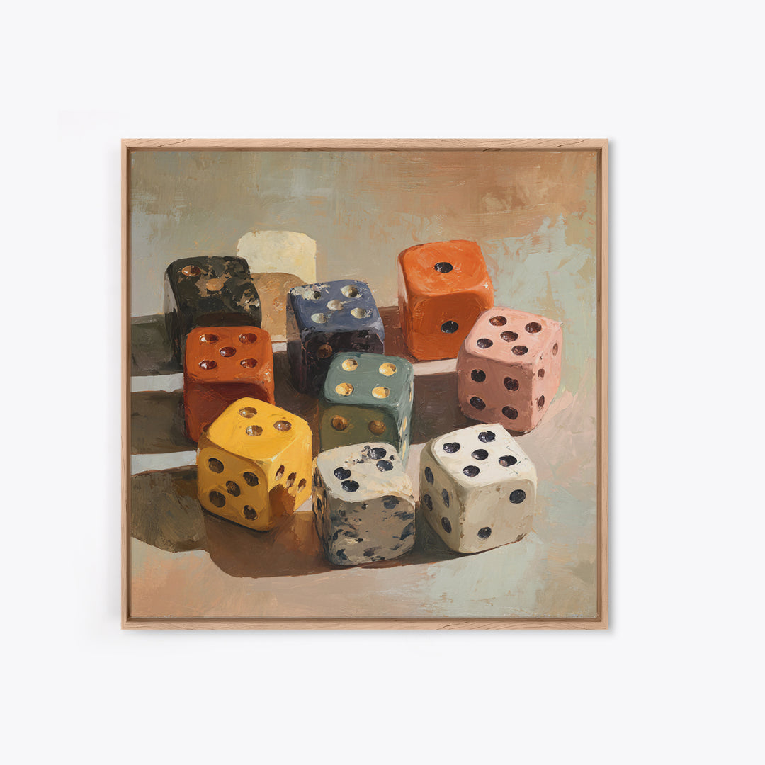 Tabletop Dice Rolling Through Dramatic Light Framed Canvas Print, Game Room Art, Gallery Decor, Game Room Decor, Fine Art, Play, GRA-1x1-41