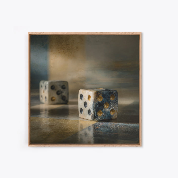 Tabletop Dice Rolling Through Dramatic Light Framed Canvas Print, Game Room Art, Gallery Decor, Game Room Decor, Fine Art, Play, GRA-1x1-65