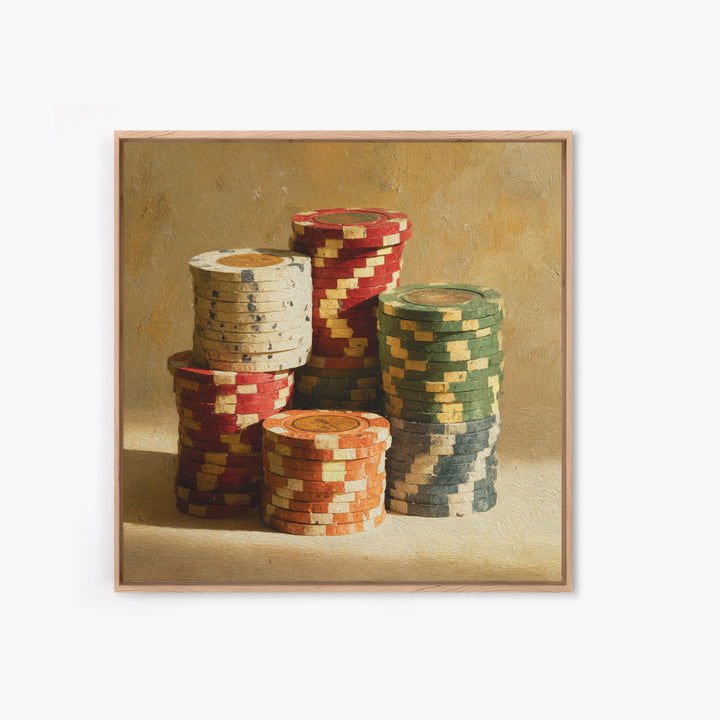Poker Chips Stacked Like Casino Still Life Framed Canvas Print, Game Room Art, Modern Wall Art, Game Room Decor, Fine Art, Play, GRA-1x1-7