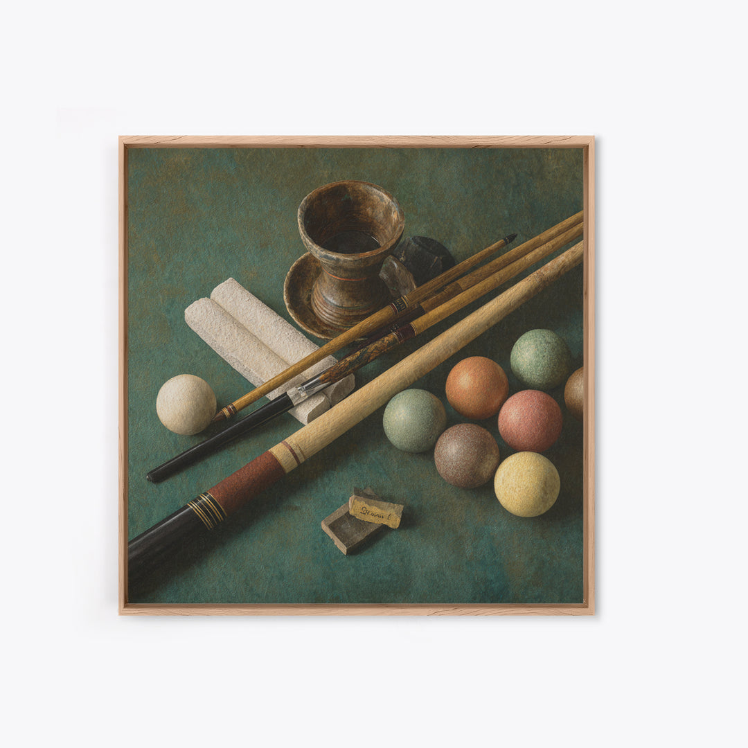 Pool Cue and Chalk on Green Felt Canvas Print, Game Room Art, Neutral Decor, Game Room Decor, Oil Painting, Play, Wall Art, GRA-1x1-82