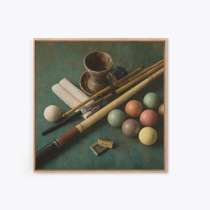 Pool Cue and Chalk on Green Felt Canvas Print, Game Room Art, Neutral Decor, Game Room Decor, Oil Painting, Play, Wall Art, GRA-1x1-82
