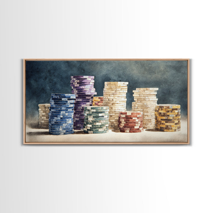 Poker Chips Stacked Like Casino Still Life Framed Canvas Print, Game Room Art, Fine Art Print, Game Room Decor, Oil Painting, GRA-2x1-27