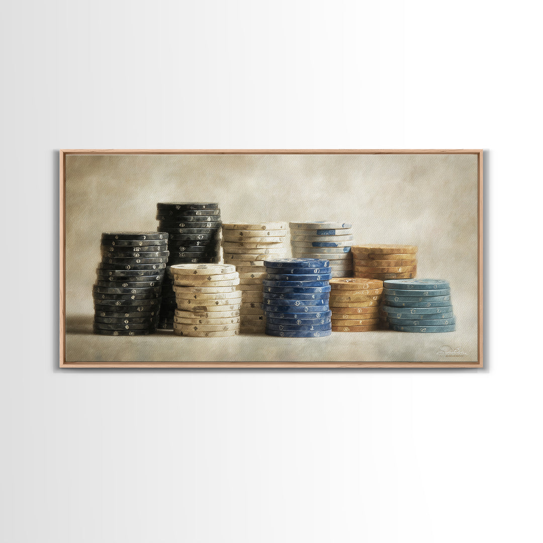 Poker Chips Stacked Like Casino Still Life Framed Canvas Print, Game Room Art, Modern Wall Art, Game Room Decor, Fine Art, Play, GRA-2x1-3