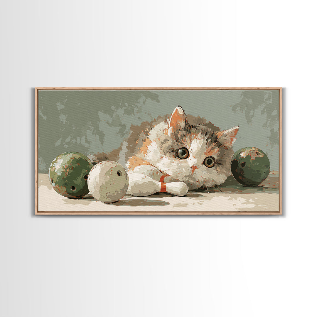 Bowling Ball and Pins Framed Canvas Print, Game Room Art, Art Print, Game Room Decor, Fine Art, Play, Canvas Art, Black Art, GRA-2x1-34