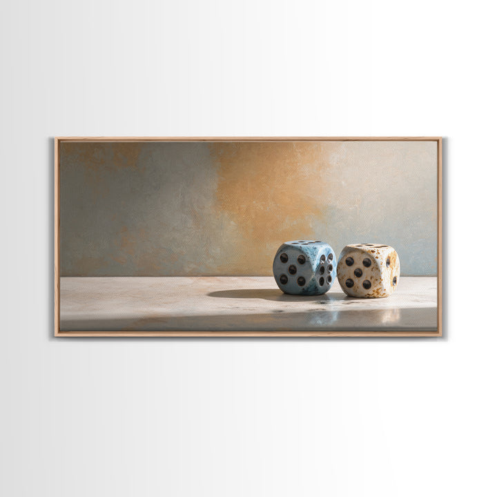 Tabletop Dice Rolling Through Dramatic Light Framed Canvas Print, Game Room Art, Minimalist Decor, Game Room Decor, Play, GRA-2x1-37