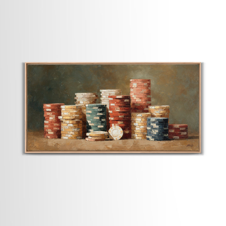 Poker Chips Stacked Like Casino Still Life Framed Canvas Print, Game Room Art, Bedroom Wall Art, Game Room Decor, GRA-2x1-51