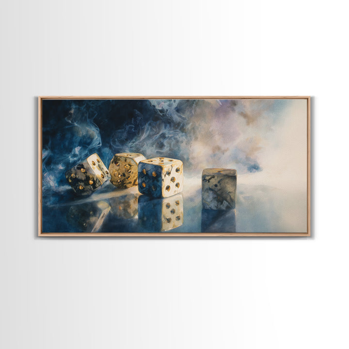 Tabletop Dice Rolling Through Dramatic Light Canvas Print, Game Room Art, Classroom Decor, Game Room Decor, Fine Art, Play, GRA-2x1-61