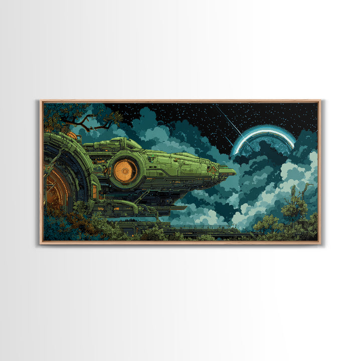 Arcade Spaceship Pixel Art Scene Canvas Print, Game Room Art, African American Art, Game Room Decor, Play, Kids Room Wall Art, GRA-2x1-63