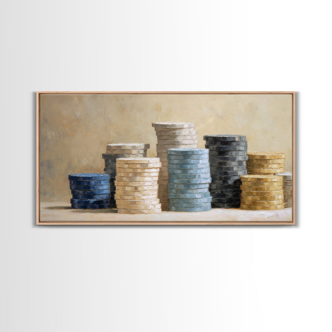 Poker Chips Stacked Like Casino Still Life Framed Canvas Print, Game Room Art, Boho Decor, Game Room Decor, Fine Art, Play, GRA-2x1-75