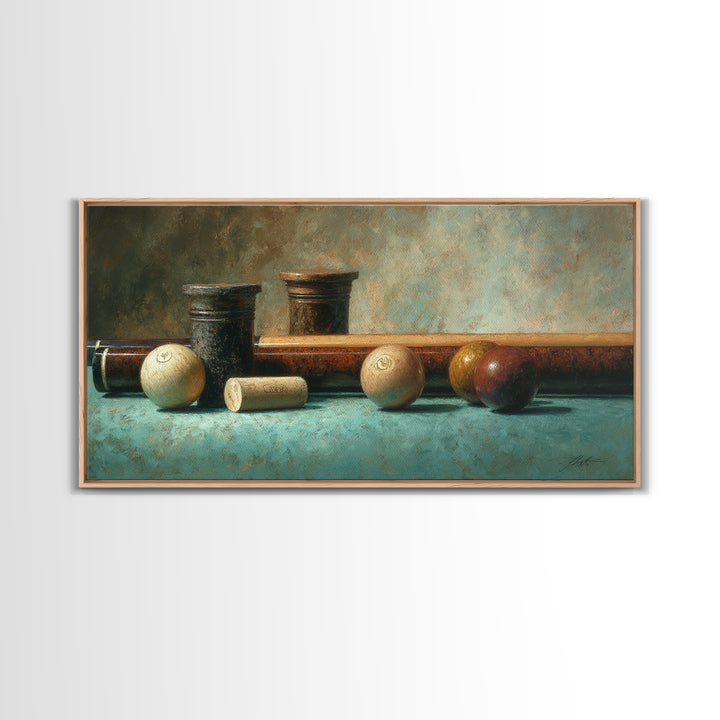 Pool Cue and Chalk on Green Felt Canvas Print, Game Room Art, Contemporary Art, Game Room Decor, Play, Bedroom Wall Art, GRA-2x1-78