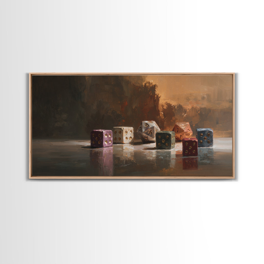 Tabletop Dice Rolling Through Dramatic Light Framed Canvas Print, Game Room Art, Living Room Decor, Game Room Decor, Play, GRA-2x1-85