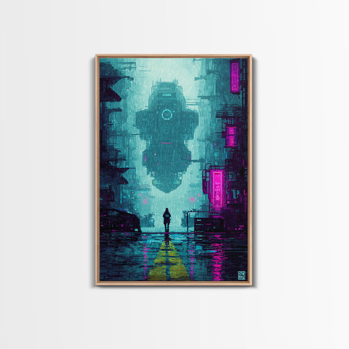 Arcade Spaceship Pixel Art Scene Framed Canvas Print, Game Room Art, Canvas Art, Game Room Decor, Play, Living Room Art, GRA-2x3-75