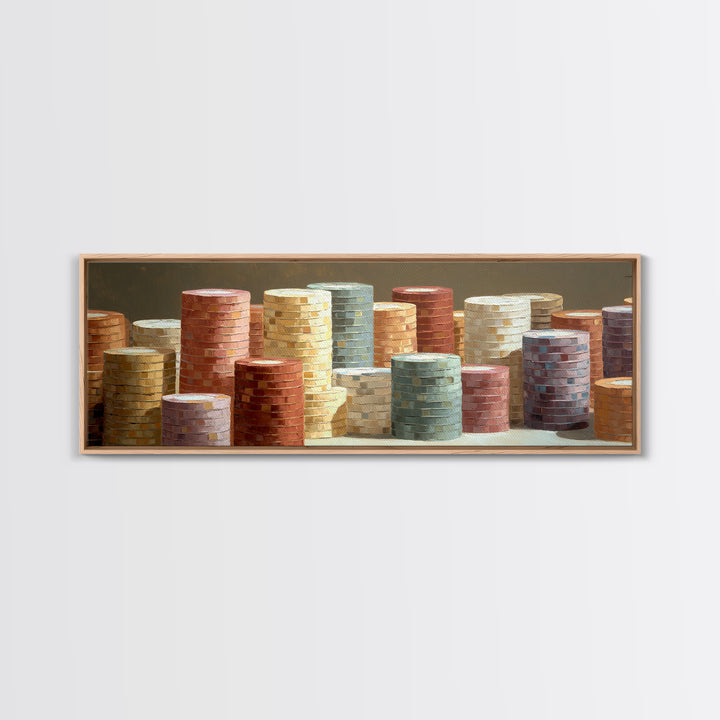 Poker Chips Stacked Like Casino Still Life Framed Canvas Print, Game Room Art, Boho Decor, Game Room Decor, Fine Art, Play, GRA-3x1-23