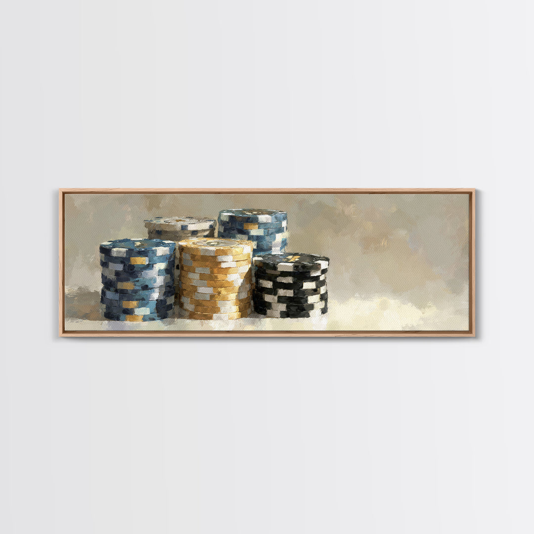 Poker Chips Stacked Like Casino Still Life Framed Canvas Print, Game Room Art, Game Room Decor, Oil Painting, Play, GRA-3x1-47
