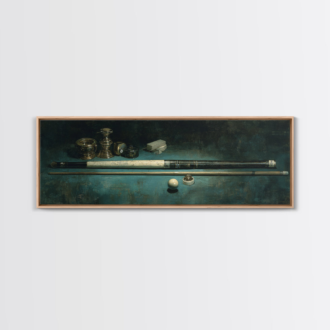 Pool Cue and Chalk on Green Felt Framed Canvas Print, Game Room Art, Black Woman Art, Game Room Decor, Oil Painting, Play, GRA-3x1-74