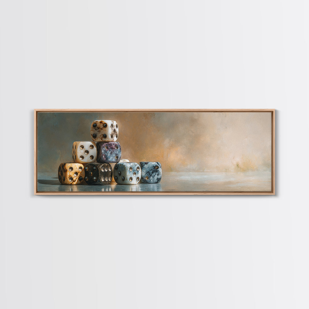 Tabletop Dice Rolling Through Dramatic Light Framed Canvas Print, Game Room Art, Living Room Decor, Game Room Decor, Play, GRA-3x1-9