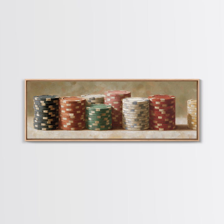 Poker Chips Stacked Like Casino Still Life Canvas Print, Game Room Art, Textured Painting, Game Room Decor, Oil Painting, Play, GRA-3x1-95