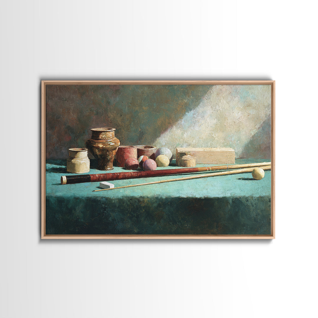 Pool Cue and Chalk on Green Felt Framed Canvas Print, Game Room Art, Canvas Art, Game Room Decor, Play, Living Room Art, GRA-3x2-14