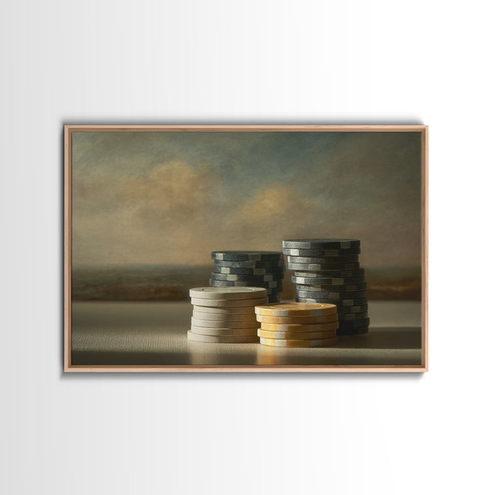 Poker Chips Stacked Like Casino Still Life Framed Canvas Print, Game Room Art, Original Artwork, Game Room Decor, Play, GRA-3x2-35