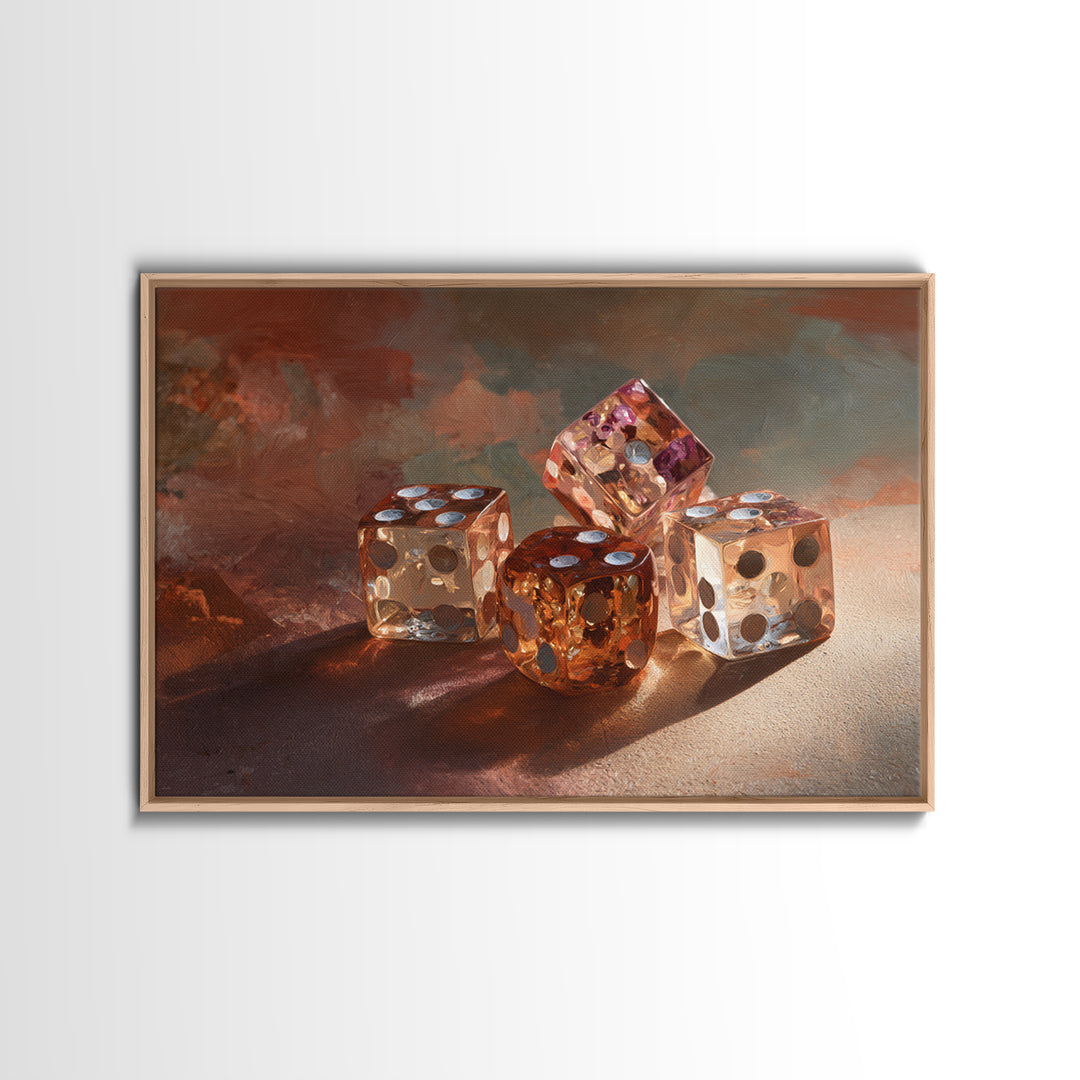 Tabletop Dice Rolling Through Dramatic Light Framed Canvas Print, Game Room Art, Unique Home Decor, Game Room Decor, Play, GRA-3x2-45