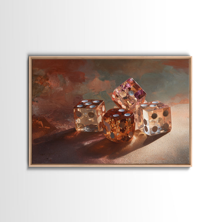 Tabletop Dice Rolling Through Dramatic Light Framed Canvas Print, Game Room Art, Unique Home Decor, Game Room Decor, Play, GRA-3x2-45