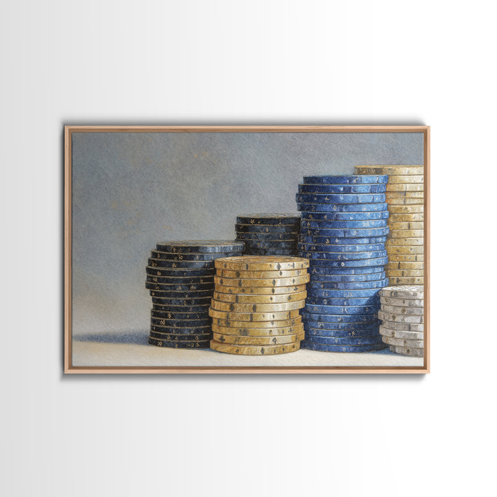 Poker Chips Stacked Like Casino Still Life Framed Canvas Print, Game Room Art, Art Print, Game Room Decor, Oil Painting, Play, GRA-3x2-59