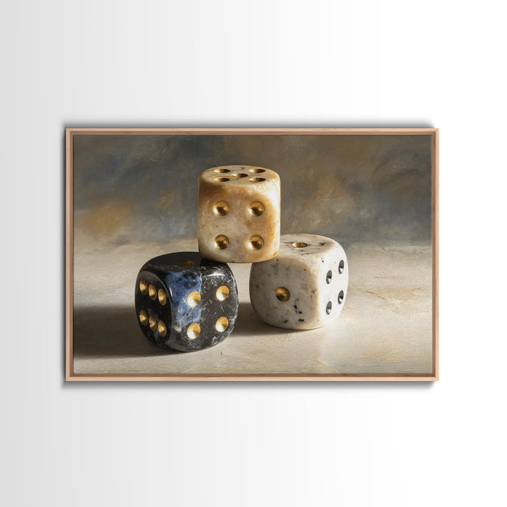 Tabletop Dice Rolling Through Dramatic Light Framed Canvas Print, Game Room Art, Unique Home Decor, Game Room Decor, Play, GRA-3x2-69