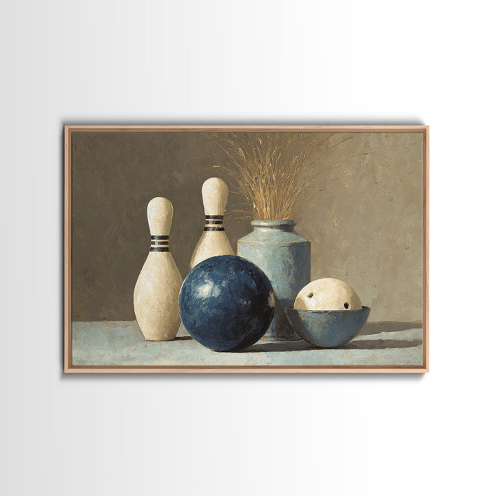 Bowling Ball and Pins Framed Canvas Print, Game Room Art, Living Room Art, Game Room Decor, Fine Art, Play, Neutral Decor, GRA-3x2-90