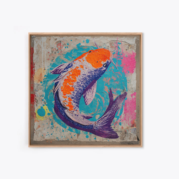 Spray Painted Koi Fish on Brick Texture Framed Canvas Print, Graffiti Art, Canvas Wall Art, Living Room Decor, Watercolor Art, GRF-1x1-16