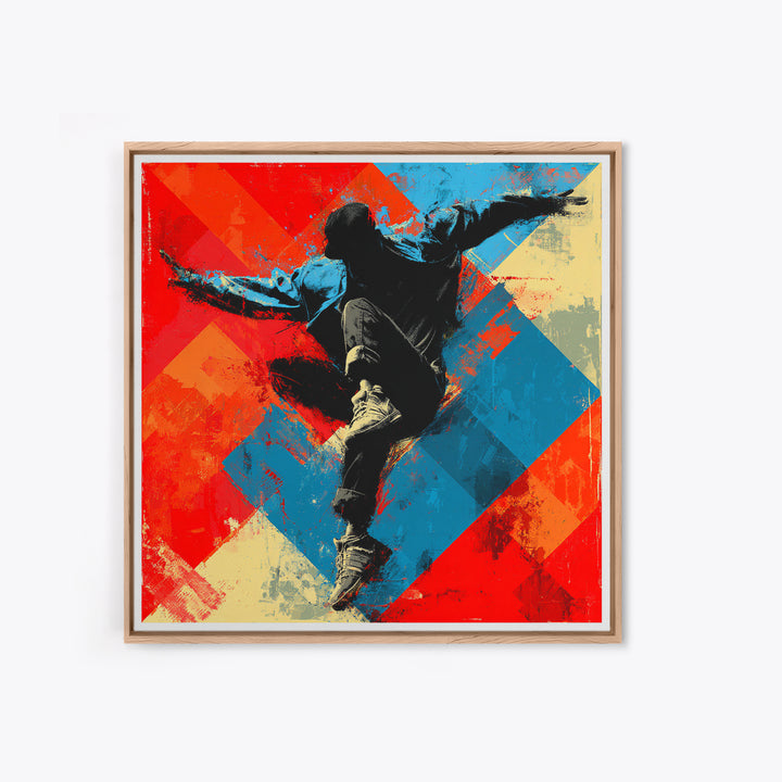 Breakdancer Silhouette over Bright Paint Splashes Framed Canvas Print, Graffiti Art, 3d Wall Art, Living Room Decor, Street, GRF-1x1-2