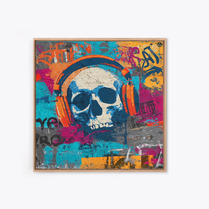 Skull and Headphones Mural Composition Framed Canvas Print, Graffiti Art, Abstract Art, Living Room Decor, Fine Art, Street, GRF-1x1-47