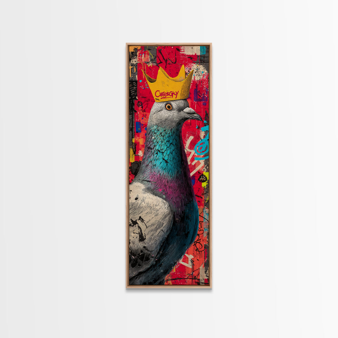 City Pigeon with Crown in Street Art Framed Canvas Print, Graffiti Art, Gallery Decor, Living Room Decor, Fine Art, Street, GRF-1x3-71