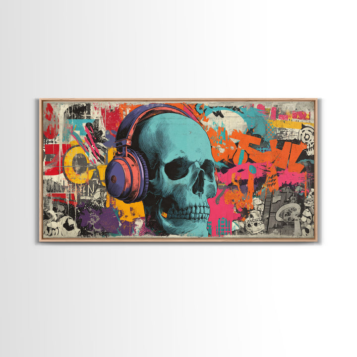 Skull and Headphones Mural Composition Framed Canvas Print, Graffiti Art, Graffiti, Living Room Decor, Fine Art, Street, GRF-2x1-19
