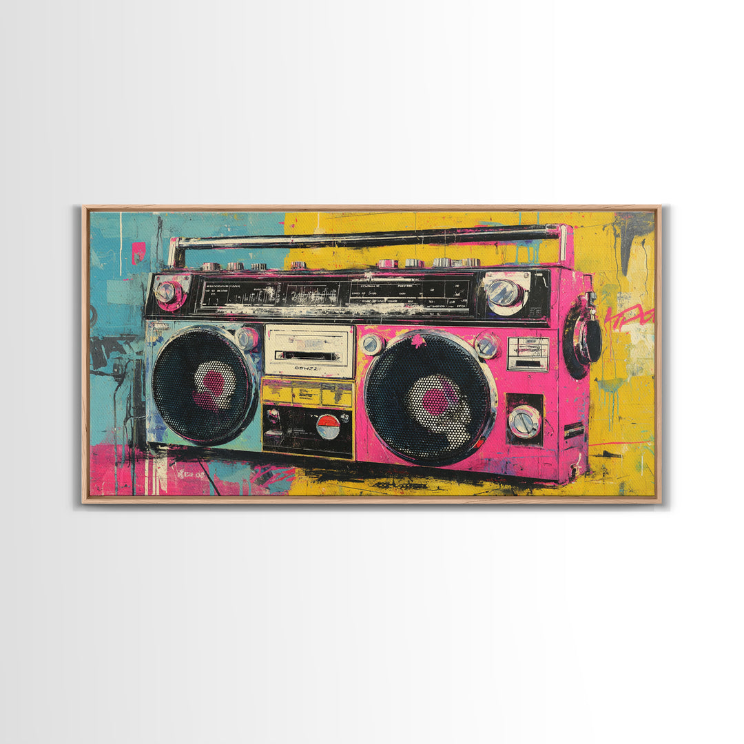 Boombox and Cassette Tape Framed Canvas Print, Graffiti Art, Contemporary Art, Living Room Decor, Fine Art, Street, GRF-2x1-34