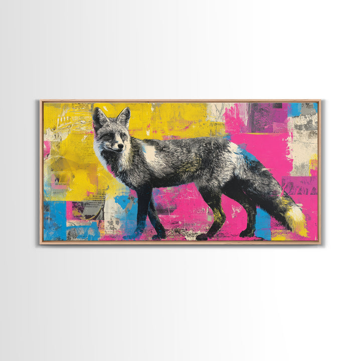 Urban Fox with Layered Sticker Collage Framed Canvas Print, Graffiti Art, Painting, Living Room Decor, Fine Art, Street, GRF-2x1-37