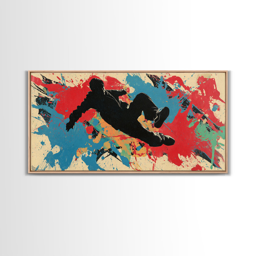 Breakdancer Silhouette over Bright Paint Splashes Framed Canvas Print, Graffiti Art, Poster, Living Room Decor, Street, GRF-2x1-46