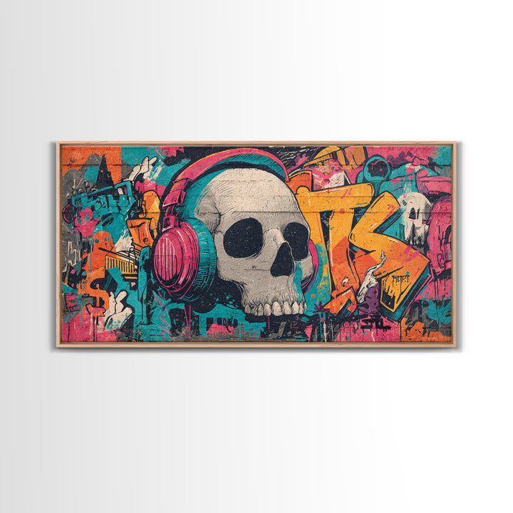 Skull and Headphones Mural Composition Framed Canvas Print, Graffiti Art, Mid Century Modern, Living Room Decor, Street, GRF-2x1-91