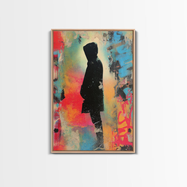 Masked Street Artist Silhouette Framed Canvas Print, Graffiti Art, Minimalist Decor, Living Room Decor, Fine Art, Street, GRF-2x3-30