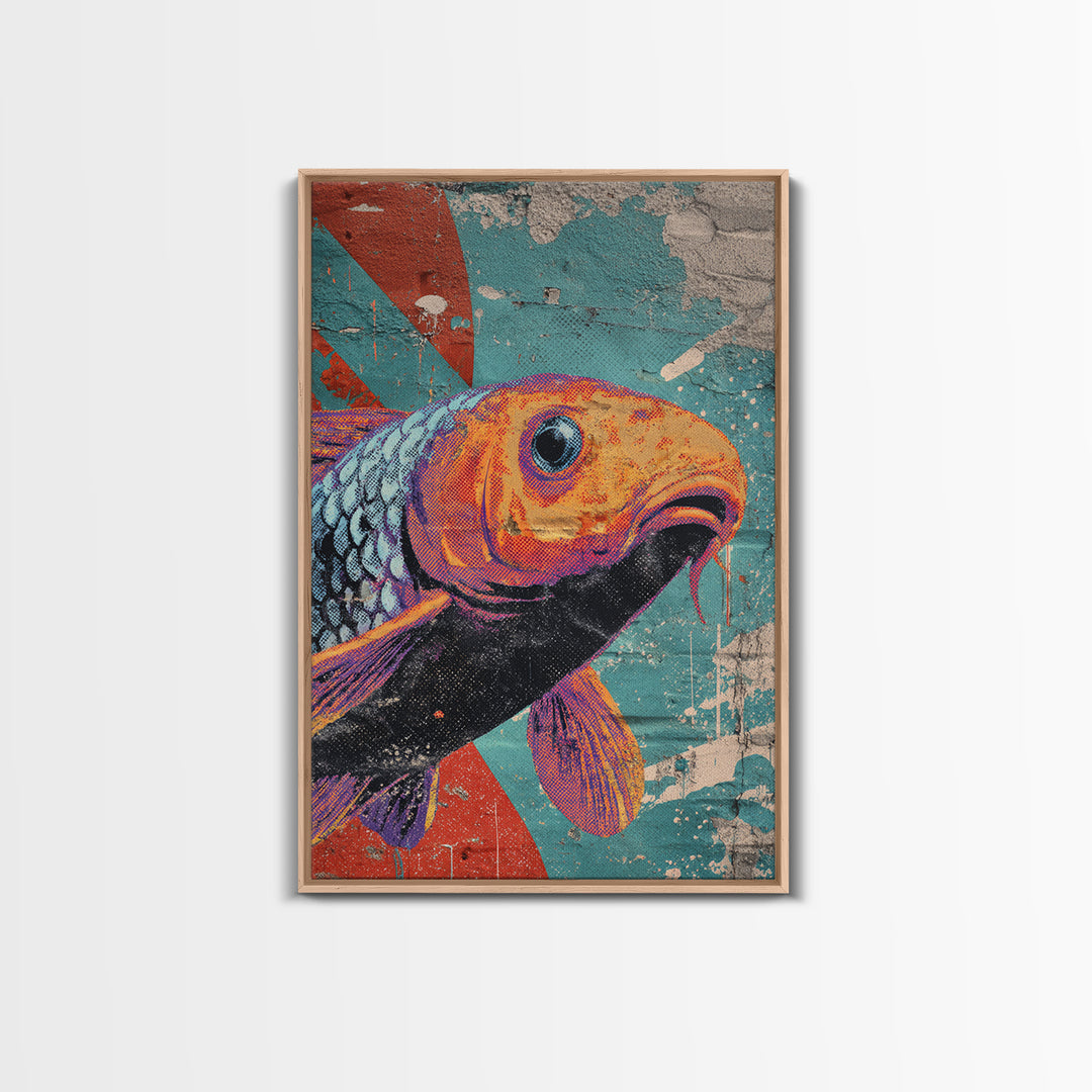 Spray Painted Koi Fish on Brick Texture Framed Canvas Print, Graffiti Art, Living Room Decor, Watercolor Art, Street, GRF-2x3-48