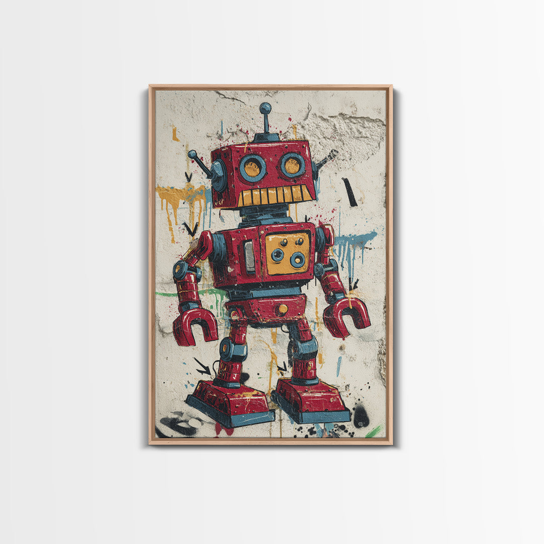 Cartoon Robot Character Framed Canvas Print, Graffiti Art, Large Wall Art, Living Room Decor, Fine Art, Street, Modern Wall Art, GRF-2x3-90