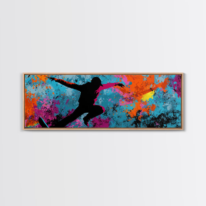 Breakdancer Silhouette over Bright Paint Splashes Canvas Print, Graffiti Art, Framed Art, Living Room Decor, Fine Art, Street, GRF-3x1-42
