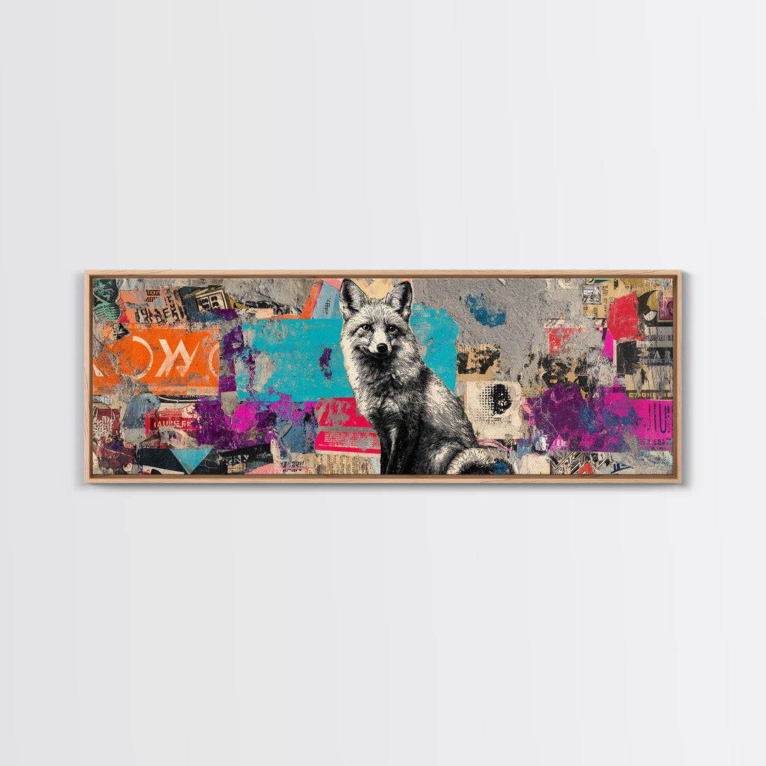 Urban Fox with Layered Sticker Collage Framed Canvas Print, Graffiti Art, Graffiti, Living Room Decor, Fine Art, Street, GRF-3x1-57
