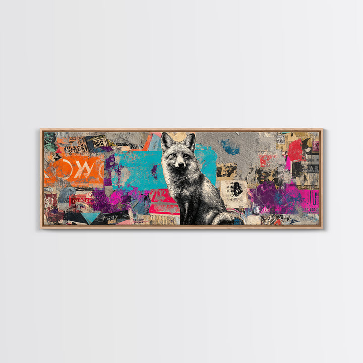 Urban Fox with Layered Sticker Collage Framed Canvas Print, Graffiti Art, Graffiti, Living Room Decor, Fine Art, Street, GRF-3x1-57