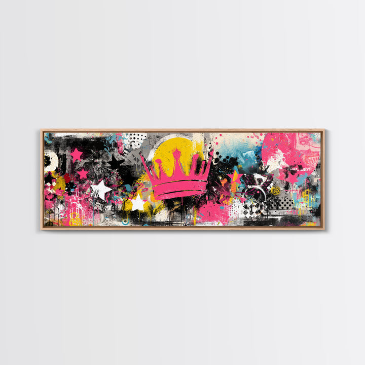 Abstract Crown and Stars Framed Canvas Print, Graffiti Art, Wall Decor, Living Room Decor, Abstract Art, Street, Canvas Art, GRF-3x1-59